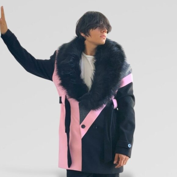 Men’s Pink | Grey | Black Double Breast Coat with Faux Fur NWT - Picture 7 of 9